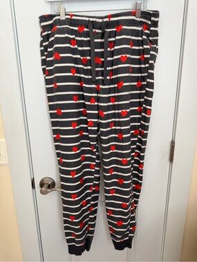 Old Navy Black & White Striped Pajama Pants with Red Hearts